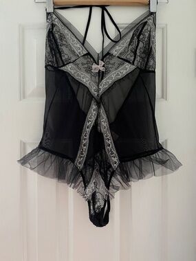 Victoria's Secret Black Sheer Lace & Tulle Teddy Bodysuit